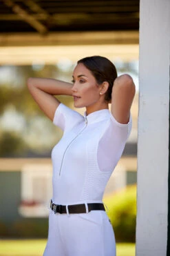 Ariat Womens Ascent 1/4 Zip Short Sleeve Show Shirt -Caval Riding Apparel Shop S23 WMS ENGL Carmel LaCunha Shot 02 8136 RTL